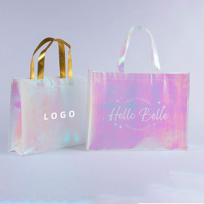 Exposição Logotipo personalizado Rosa Holográfico Não Tecido Iriscente Tote Saco para presente de casamento