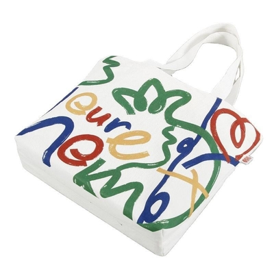 Saco de compras personalizado de tela colorida de grande capacidade com design e logotipo do rosto sorridente