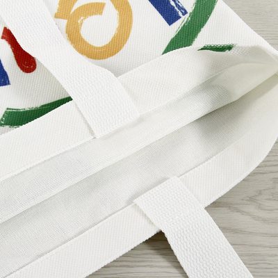 Saco de compras personalizado de tela colorida de grande capacidade com design e logotipo do rosto sorridente