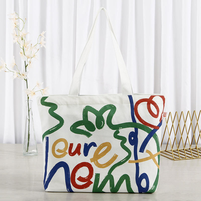 Saco de compras personalizado de tela colorida de grande capacidade com design e logotipo do rosto sorridente