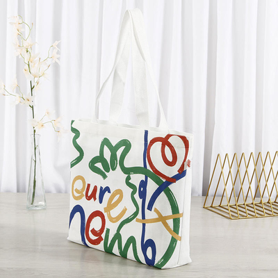 Saco de compras personalizado de tela colorida de grande capacidade com design e logotipo do rosto sorridente