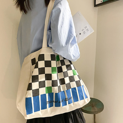 Logotipo personalizado Saco de tela de xadrez pesado para compras de contraste de cores na moda