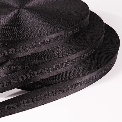 Logotipo personalizado tecido Jacquard Strap Webbing em cor preta para 38mm Nylon Shoulder Strap