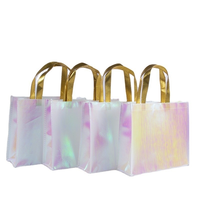 Exposição Logotipo personalizado Rosa Holográfico Não Tecido Iriscente Tote Saco para presente de casamento