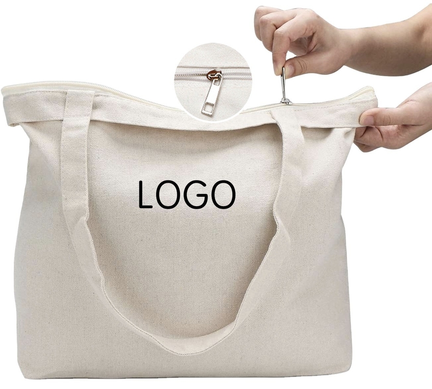 Mercadorias Logotipo personalizado Impresso Reciclado Plano Algodão Orgânico Tela Tote Sacos de compras com fecho