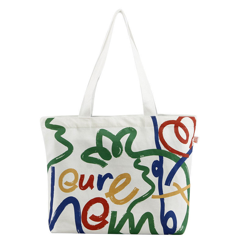Saco de compras personalizado de tela colorida de grande capacidade com design e logotipo do rosto sorridente