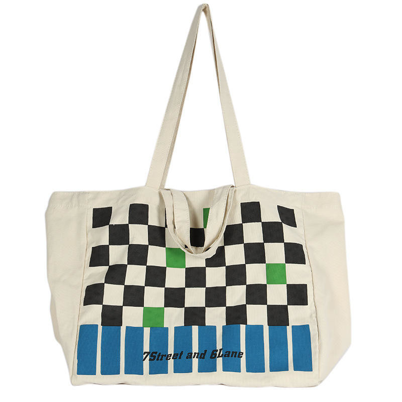 Logotipo personalizado Saco de tela de xadrez pesado para compras de contraste de cores na moda