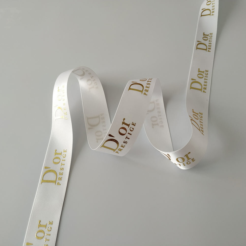 OEM aceito Folha de ouro personalizada Impressão 3D de logotipo fita satinada de poliéster para embrulho de presentes