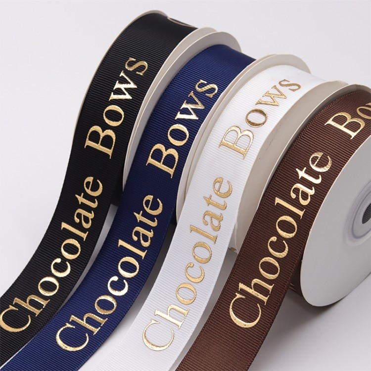Folha de ouro 3D personalizada Eco Friendly Impressa fita de grão grosso de seda preta com logotipo em relevo